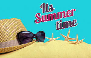 It's Summertime Graphic with Sunglasses and Hat on Sand with Starfish